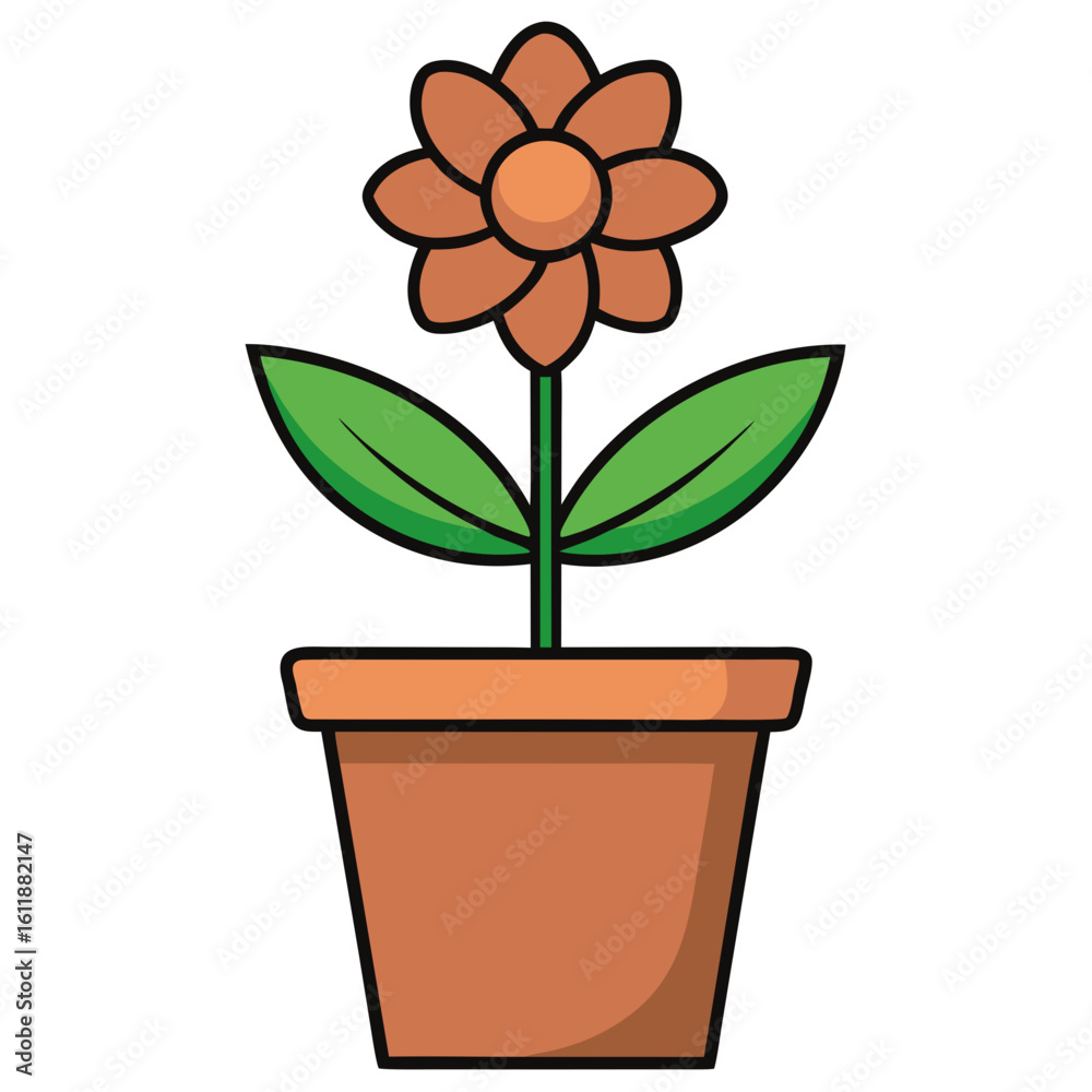 Fototapeta premium Flower in a terracotta pot with green leaves and orange petals 