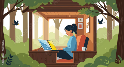 Woman working remotely powered by solar panel in serene forest cabin