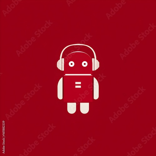 Red minimalist robotic figure with headphones symbolizes modern technology and artificial intelligence charm