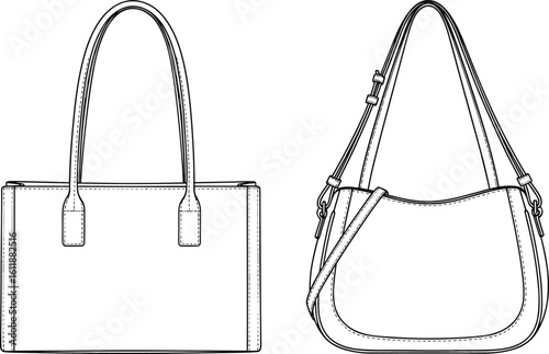 Women tote and shoulder bag CAD illustration, technical fashion sketch, front view vector design, handbag template for accessory design