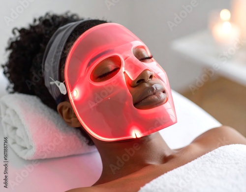 Woman relaxing with a red light face mask