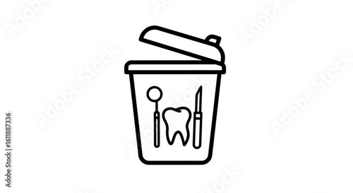 Tooth waste bin with dental tools and tooth symbol illustration  