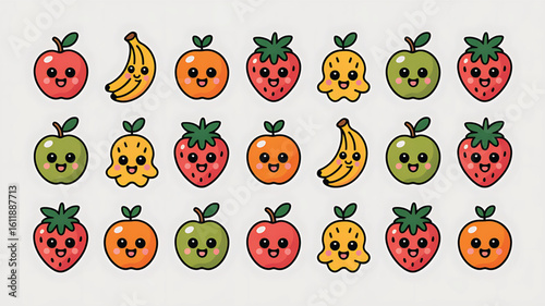 Cute Cartoon Fruits Illustration with Happy Faces Featuring Apples Bananas Strawberries and Oranges on White Background