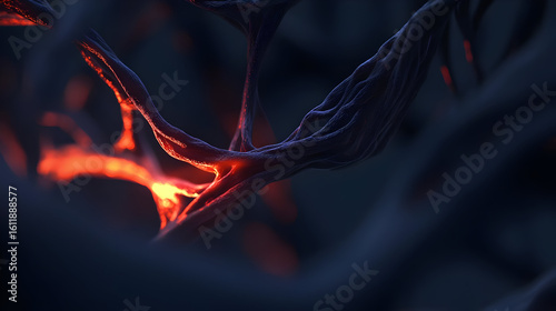 Intricate network of branching structures, illuminated by glowing points of energy.  Detailed close-up view of complex, dark, and fibrous network, with highlighted glowing centers