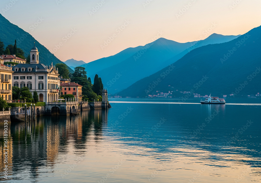 Obraz premium Serene View of a Classic Villa and Ferry on Lake Como at Dusk