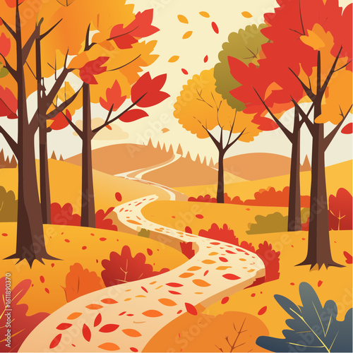 Vibrant autumn path winds through colorful trees with falling leaves, evoking cozy season.