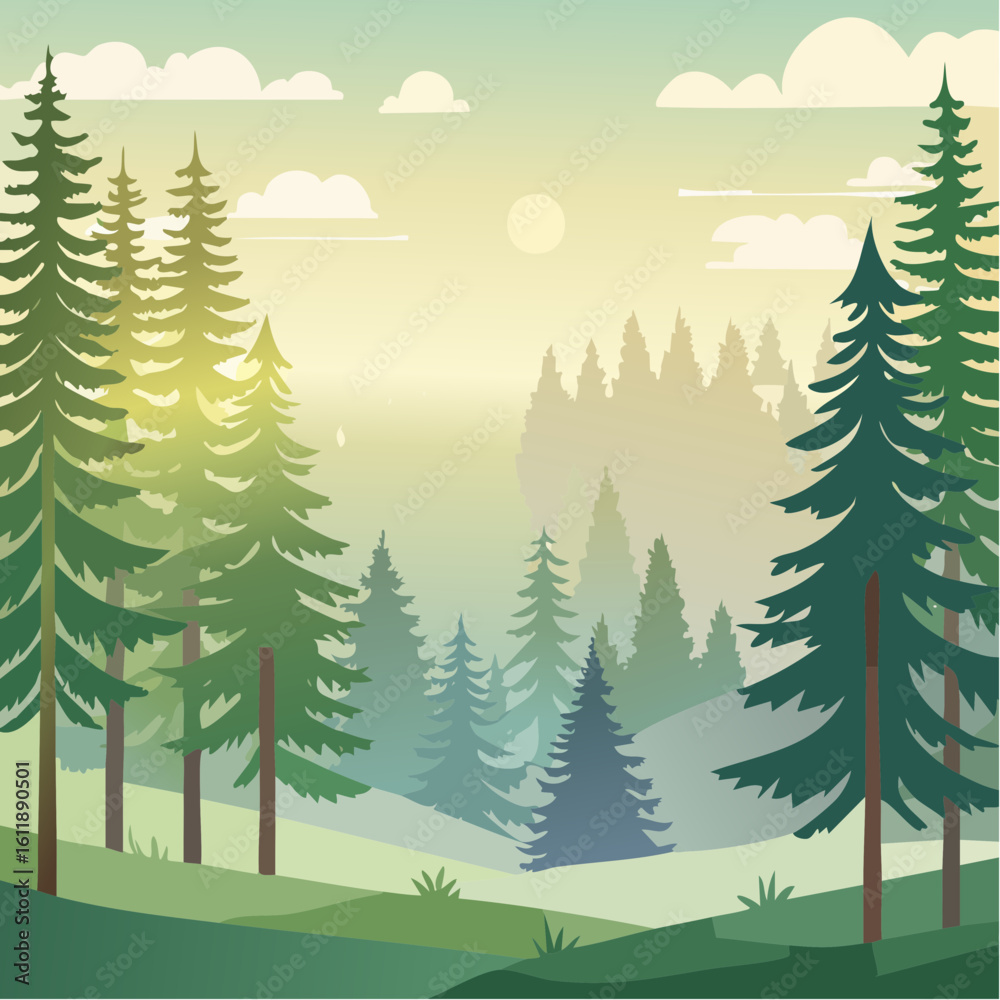 Obraz premium Serene evergreen forest vista bathed in soft morning sunlight with misty hills and clouds