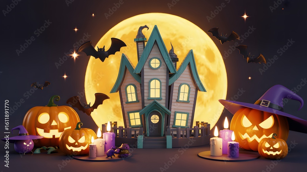 Fototapeta premium Spooky halloween scene featuring a haunted mansion jack o lanterns and a giant full moon