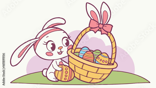 Cute easter bunny with basket and easter eggs illustration for easter holiday celebration design vector
