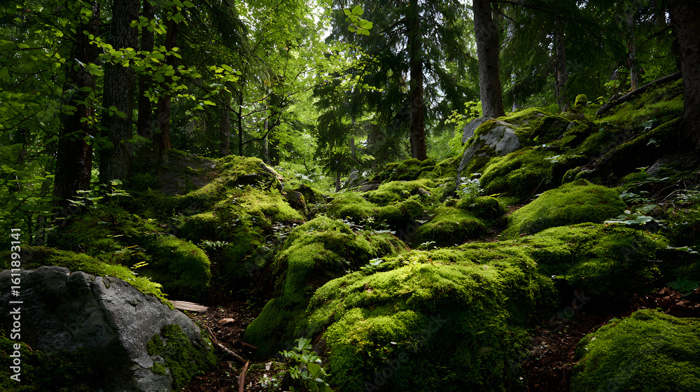 Obraz premium **Vibrant green moss covering rocks in a forest