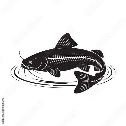 Black-and-white-illustration-of-a-catfish-swimming-in-rippling-water