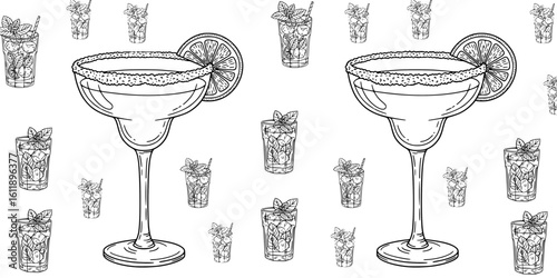 Margarita & Mojito Cocktail Doodle Icon Pack – Black & White Vector Drinks