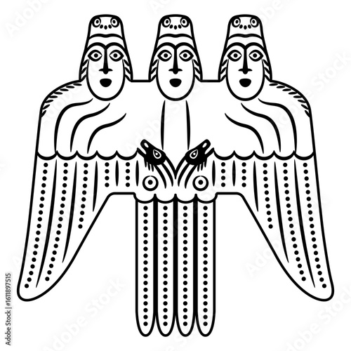 Fantastic winged character with three heads. Permian animal style. Ethnic figurine of totem ancestor or pagan deity from ancient Siberia. Black and white linear silhouette.