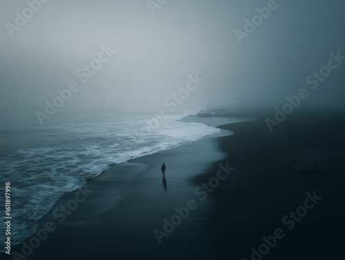 Drone view of a foggy shoreline with a solitary figure walking along the misty coast. Moody and atmospheric