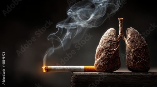 An artistic concept showing a human lung beside a burning cigarette, highlighting health deterioration from smoking addiction.