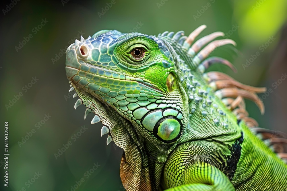 Fototapeta premium Close up of a vibrant green iguana showcasing its intricate scales and captivating gaze in a lush rainforest setting