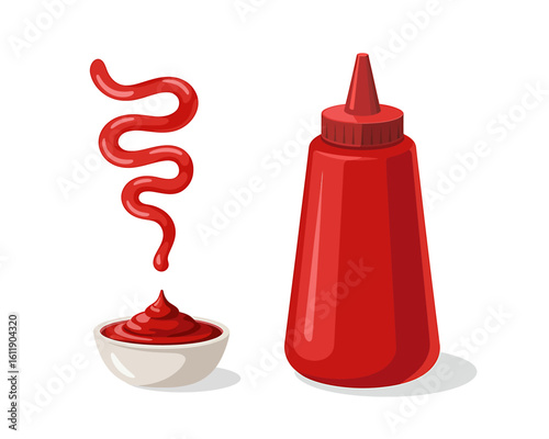 Ketchup bottle and swirl with bowl of ketchup on white background perfect for fast food restaurant promotional or marketing materials