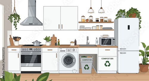 Sustainable kitchen featuring compost bin and recycling for eco lifestyle