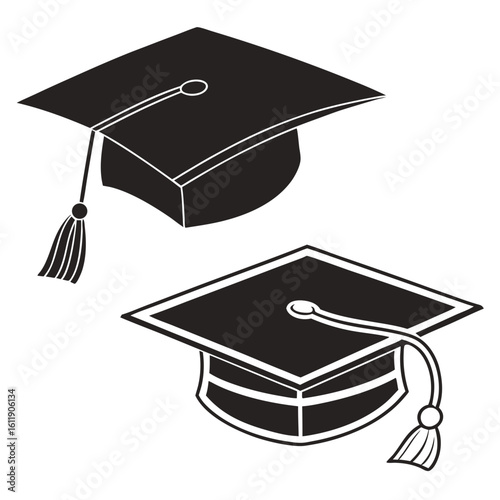 Two graduation caps silhouette isolated on white background
