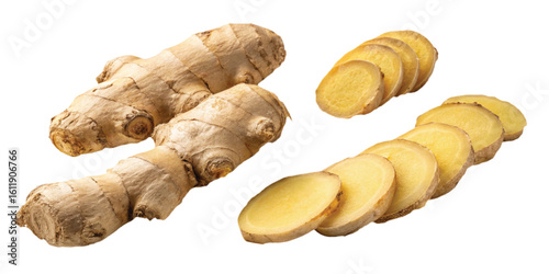 A high-angle, studio shot of ginger root, both whole and sliced, against a white background