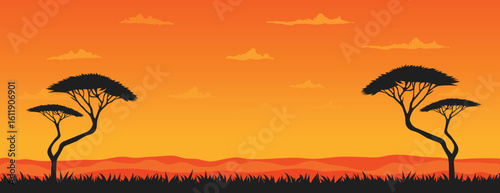 Evening in African Savannah Vector Illustration.