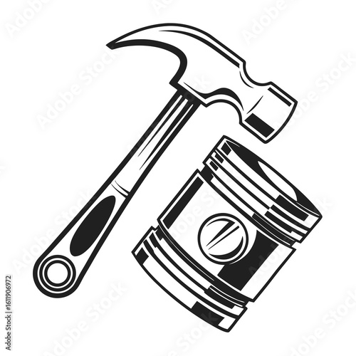 Hammer and piston silhouette isolated on white background