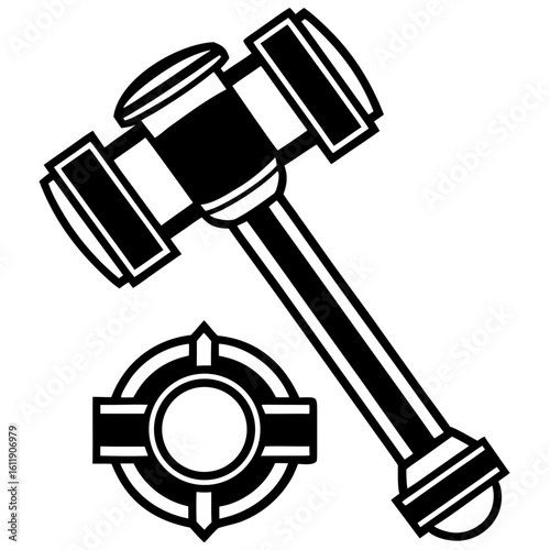 Gavel and gavel block silhouette isolated on white background