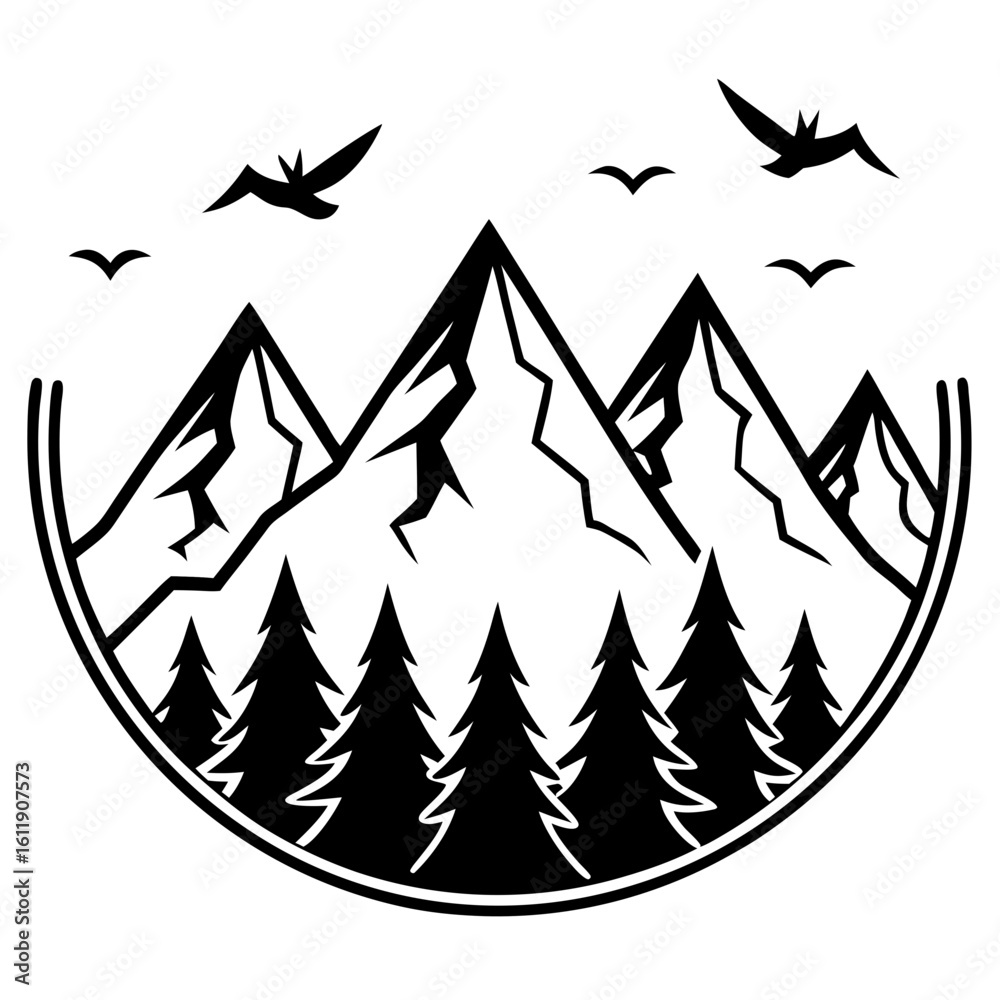 Fototapeta premium Mountain forest scene with birds silhouette isolated on white background