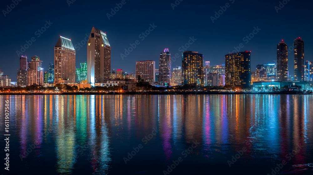 Obraz premium A vibrant city skyline illuminated by glowing lights against a softly blurred night backdrop.