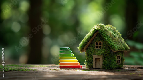 Energieeffizientes Miniaturhaus mit Energieklassen-Skala in grüner Natur. Künstliche Intelligenz KI