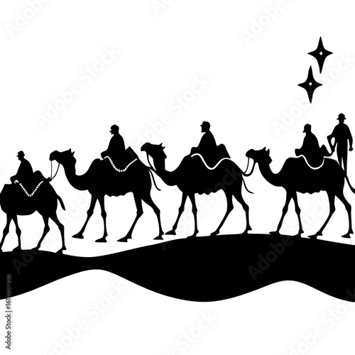 Three wise men riding camels silhouette isolated on white background