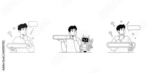 Man thinking about online research with search bar, question marks, and chatbot assistant illustration