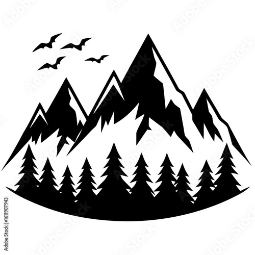Canvas Print Mountain landscape with pine trees and birds silhouette isolated on white backgr
