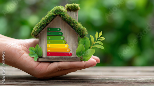 Energieeffizientes Miniaturhaus mit Energieklassen-Skala in grüner Natur. Künstliche Intelligenz KI