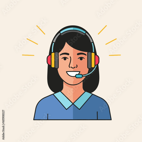 Smiling female customer service representative wearing headset, providing assistance.