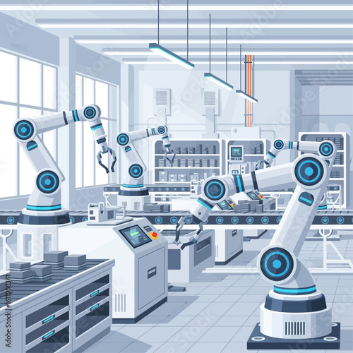 Robotic arms working on an automated production line inside a modern factory, packaging goods.
