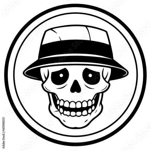 Skull wearing a fedora hat silhouette isolated on white background