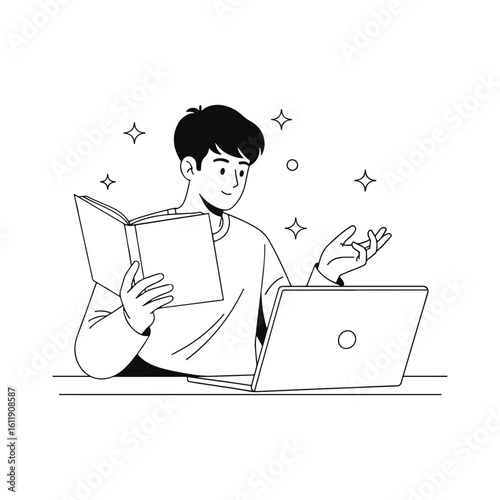 Student combining laptop research and reading book for remote education and online studies