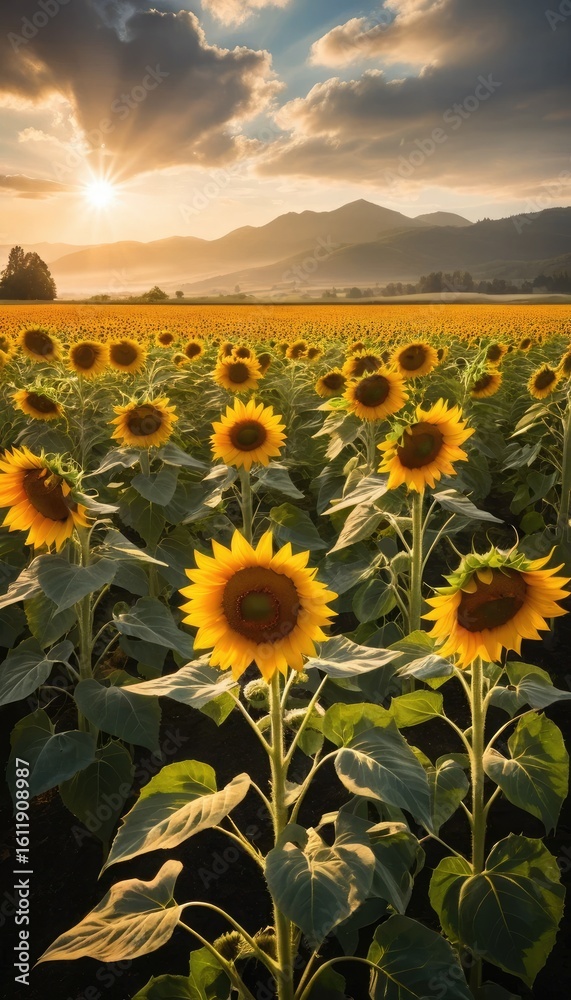 Fototapeta premium Golden Sunflowers Under Dramatic Sky field yellow
