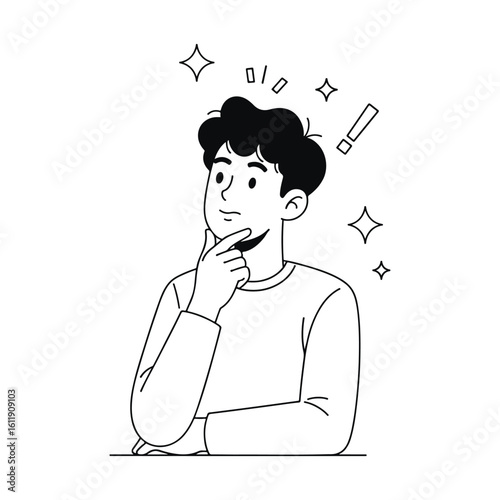 Young man thinking deeply while sitting at desk and generating creative new ideas