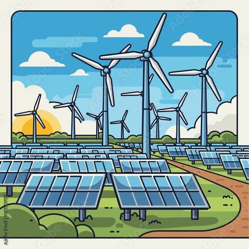 A vast solar and wind farm generates clean energy under a sunny sky.