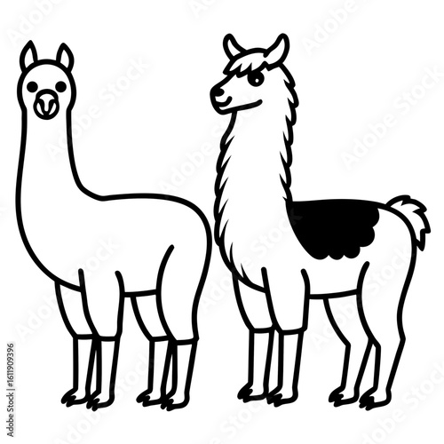 Two cartoon llamas standing together silhouette isolated on white background