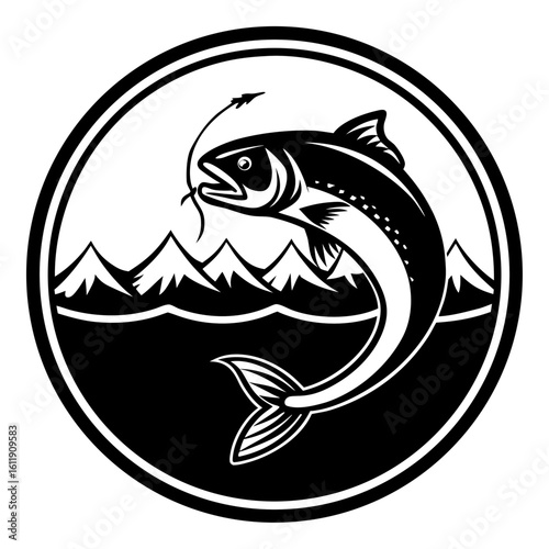 Jumping salmon silhouette with mountains and water isolated on white background