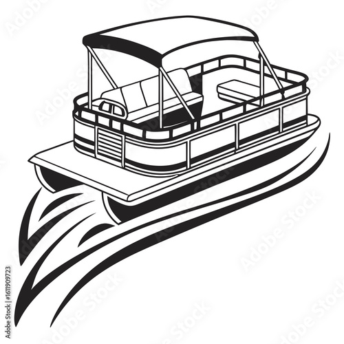 Pontoon boat silhouette with water splash isolated on white background