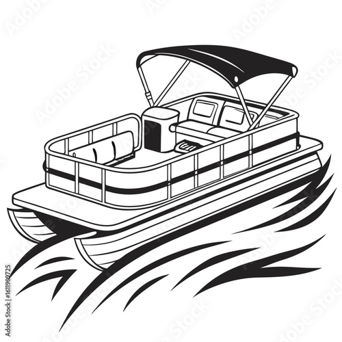 Pontoon boat silhouette with canopy and wake isolated on white background