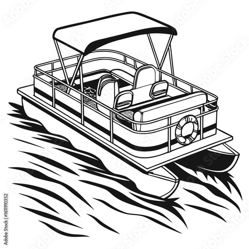 Pontoon boat silhouette on water isolated on white background