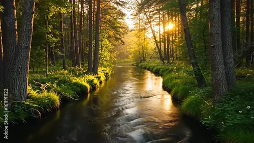 Serene forest stream at sunset, with golden light filtering through trees and lush greenery