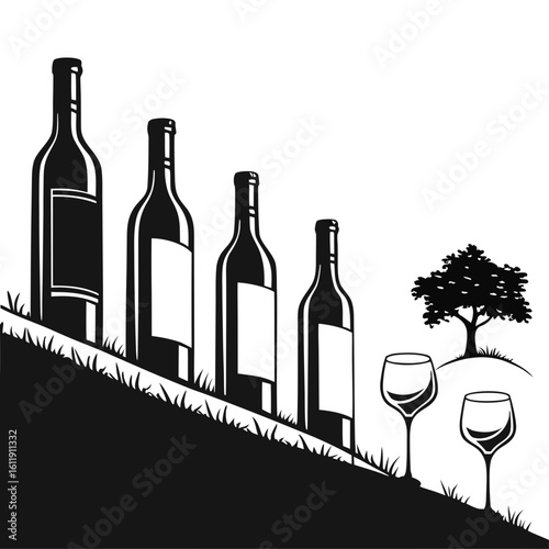 Wine bottles and glasses on a hillside with a tree silhouette isolated on white background