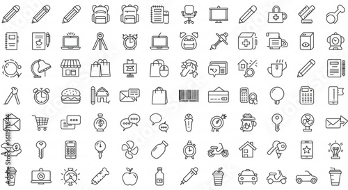 Collection of various outline icons including school supplies business and everyday life objects