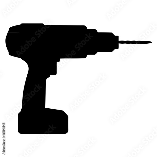 Black silhouette of a cordless drill with a drill bit isolated on white background silhouette